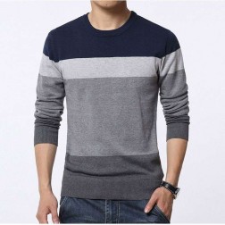 Camisa Suéter Blusão de Malha Masculino Listrado Manga Longa em Lã SantoGato