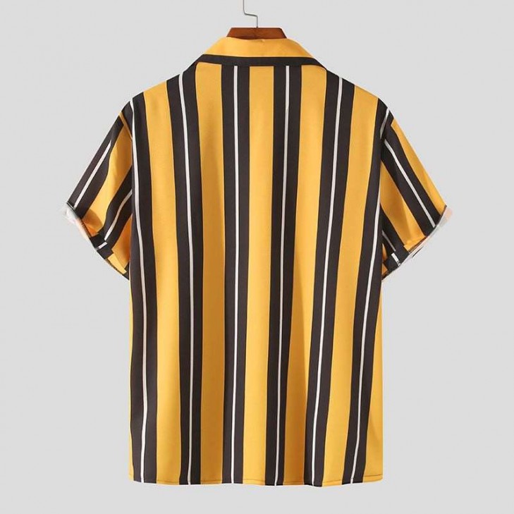 Camisa Listrada Amarela de Botão Manga Curta Moda Praia SantoGato