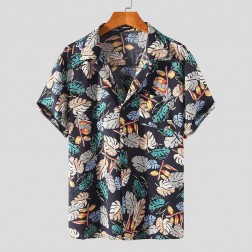 Camisa Slim Estampa Floral de Botão Manga Curta Masculina Moda Praia SantoGato
