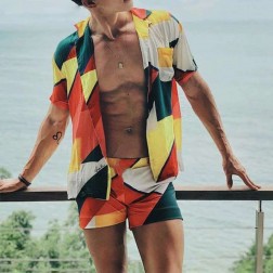 Conjunto Listrada Colorido Moda Praia Masculino Short + Camisa SantoGato