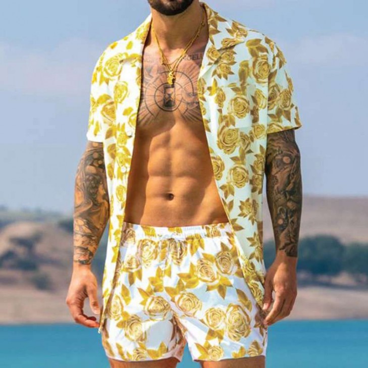 Conjunto de Praia Masculino Floral com Short e Camisa Slim Fit SantoGato