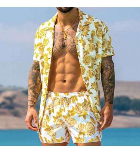 Conjunto de Praia Masculino Floral com Short e Camisa Slim Fit
