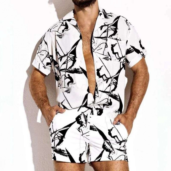 Conjunto Masculino de Praia Branco com Camisa Manga Curta  e Short SantoGato