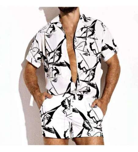 Conjunto Masculino de Praia Branco com Camisa Manga Curta  e Short
