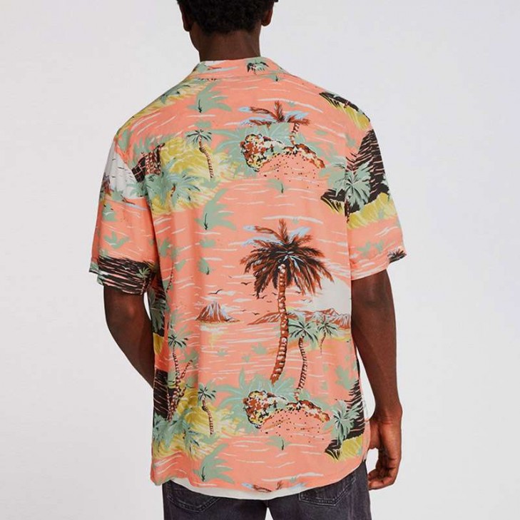 Camisa Floral de Férias Praia Estampada Manga Curta de Botão SantoGato