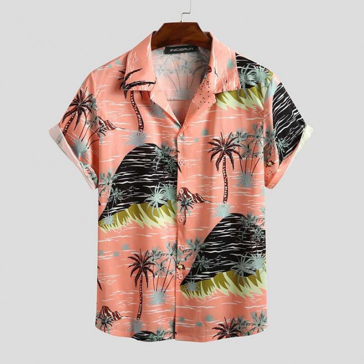 Camisa Floral de Férias Praia Estampada Manga Curta de Botão SantoGato