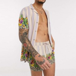 Conjunto Floral de Praia Masculino Kit com Camisa e Short SantoGato