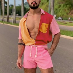 Conjunto Rosa de Praia Moda LGBT Kit com Short e Camisa SantoGato