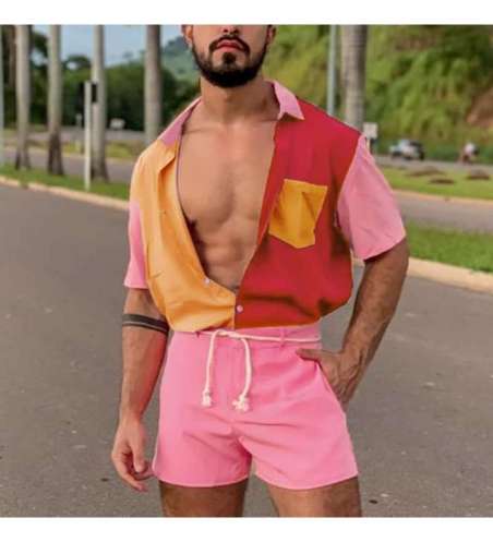 Conjunto Rosa de Praia Moda LGBT Kit com Short e Camisa