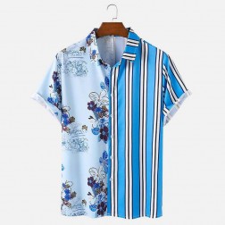 Camisa de Praia Floral Listrada Masculina Azul Manga Curta de Botão SantoGato