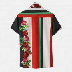 Camisa de Botão Manga Curta Floral Casual Listrada SantoGato