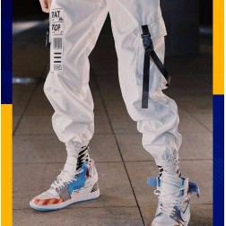 Calça jogger preta e branca casual masculina com cinta suspensa Masculina SantoGato