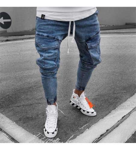 Calça Jeans Masculina Sarja Jogger Streetwear Cargo Azul