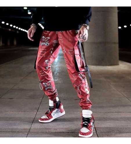 Calça Jogger Vermelha Masculina com Estampas Slim Fit StreetWear