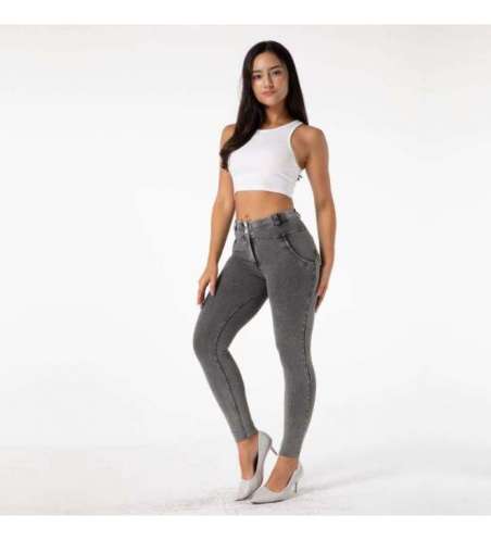 Calça de Legging Feminina Cós Alto Textura Jeans Cinza