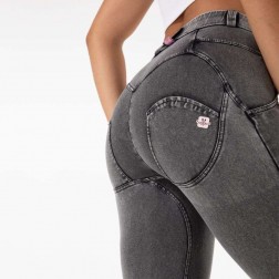 Calça de Legging Feminina Cós Alto Textura Jeans Cinza SantoGato