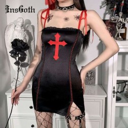 Vestido Curto com Sad Girl Abertura Lateral Gótico Vampira Liso Crucifixo SantoGato