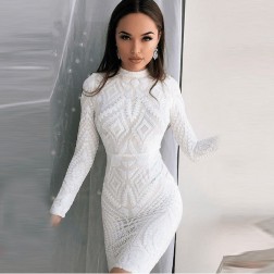Vestido Curto Branco Manga Longa Luxo Moda Inverno Tricotado Para Festas SantoGato