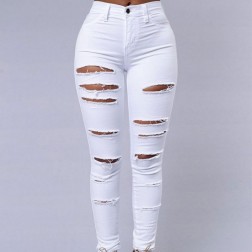 Calça Branca Jeans com Elasticidade Rasgos Finos Skinny SantoGato