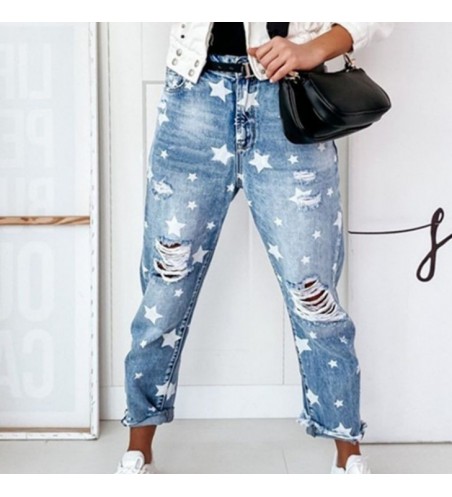 Calça Retro Feminina com Estrelinhas Estampada em Jeans