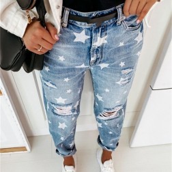 Calça Retro Feminina com Estrelinhas Estampada em Jeans SantoGato