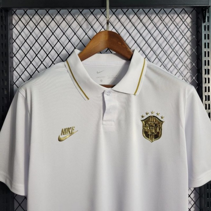 Camisa do Brasil Nike Polo Branca e Dourado Luxo Seleção Mundial SantoGato