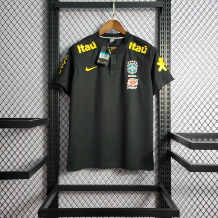 Camisa Masculina do Brasil Preta e Amarela Básica de Botão Seleção